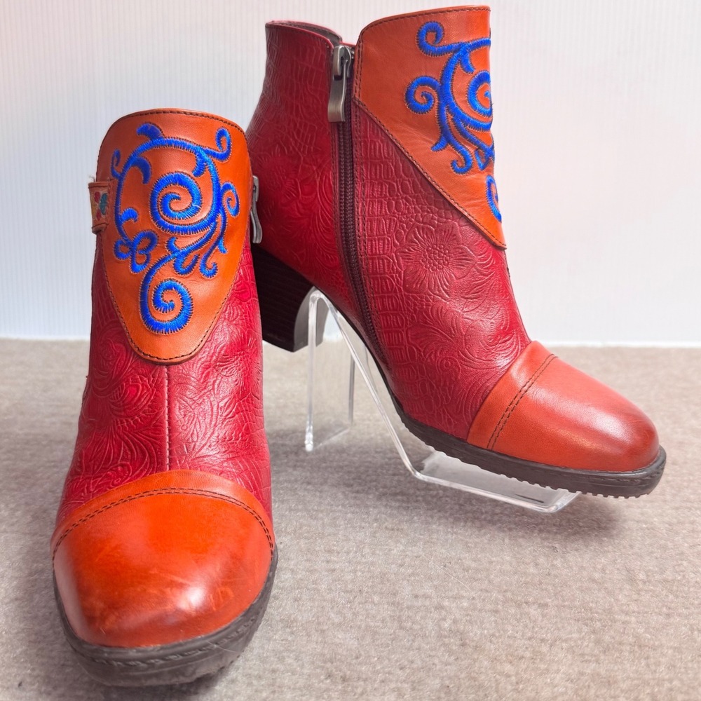 Socofy Ankle Boot US9 Leather Embroidered Floral Boho Embossed Dopmine Statement